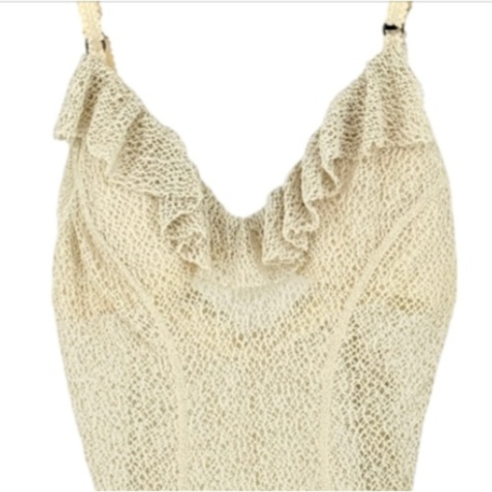 Fairy Crochet Netting Swimsuit One Piece‎ Ruffle V-Neck Cream Ivory Adjustable